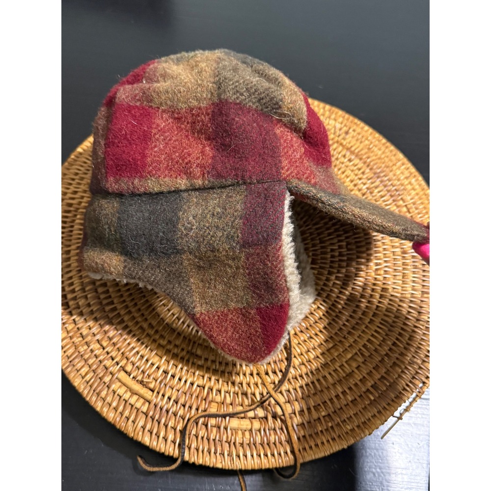 Eddie Bauer Vintage Plaid Wool Trapper Hat Faux Fur Ear Flaps Red Brown Large